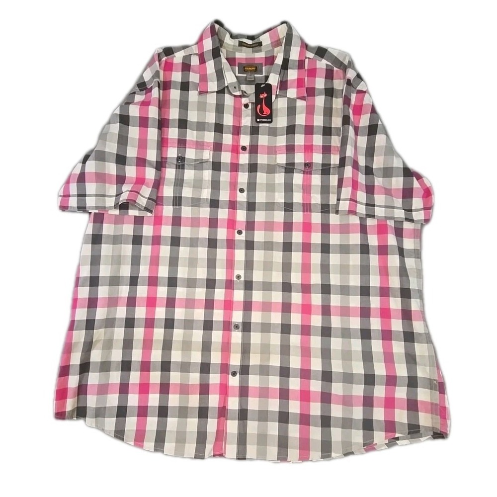 The Foundry Big Tall Shirt Men 2XLT Pink Gray Plaid Short Sleeve NWT Pockets